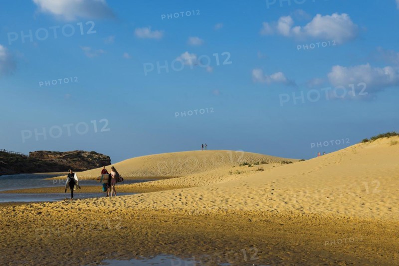 Sand dunes and blue sky, Praia da Bordeira, Carrapateira, Algarve, West Coast, Atlantic Ocean, Portugal, Europe