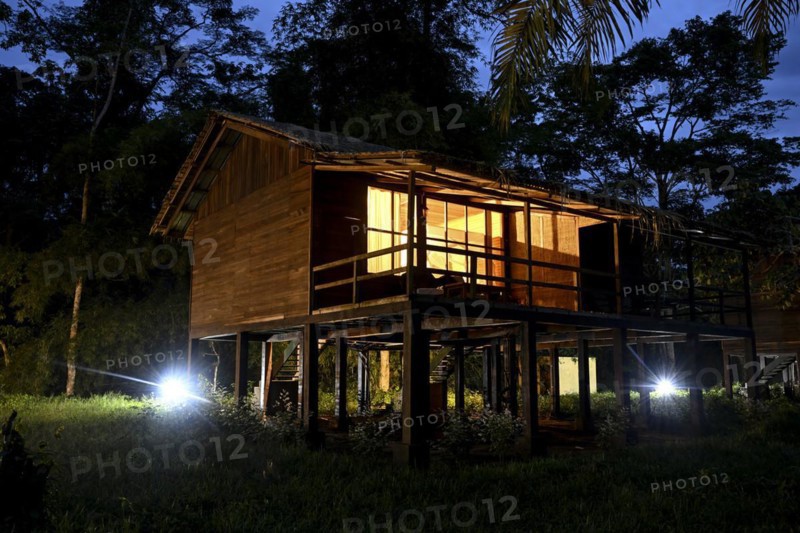 Chalet at Doli Lodge, blue hour, Bayanga, Sangha-Mbaéré Prefecture, Central African Republic, Africa