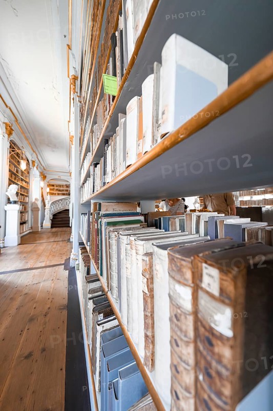 Close-up of bookshelves containing old books standing above a wooden floor, Weimar, Germany, Europe