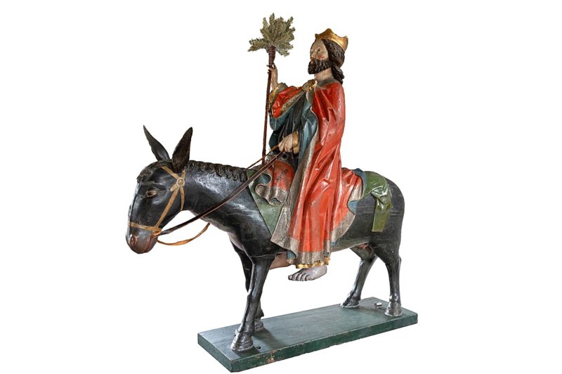 Christ on the palm donkey on a white background, wooden figure from around 1470, Church of St Jodokus, Bad Oberdorf, Oberallgäu, Bavaria, Germany, Europe