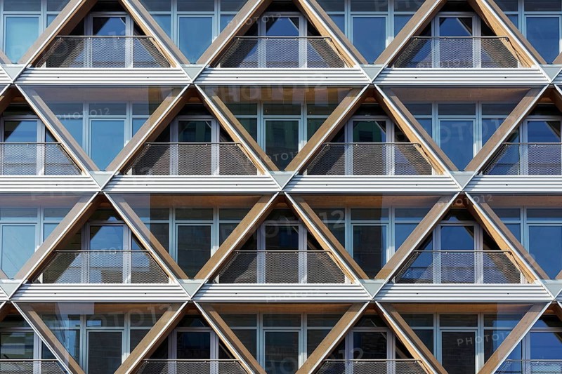 Façade with honeycomb structure, office building The Cradle, innovative timber hybrid building by HPP Architekten, sustainable construction, Düsseldorf Media Harbour, Düsseldorf, North Rhine-Westphalia, Germany, Europe