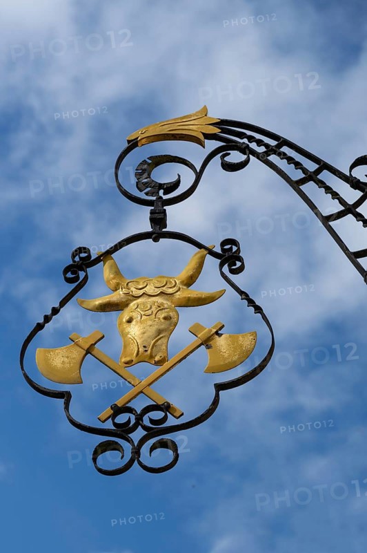 Nose end sign of a butcher's shop, Betzenstein, Upper Franconia, Bavaria, Germany, Europe