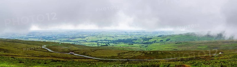 Panorama of Farms and Fields from Hartside Pass, North Pennines, Cumbria, Durham, Northumberland, North Yorkshire, England, United Kingdom, Europe