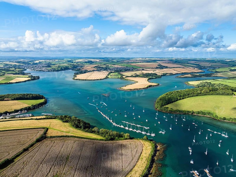 Salcombe and Mill Bay over Kingsbridge Estuary from a drone, Batson Creek, Southpool Creek, Devon, England, United Kingdom, Europe