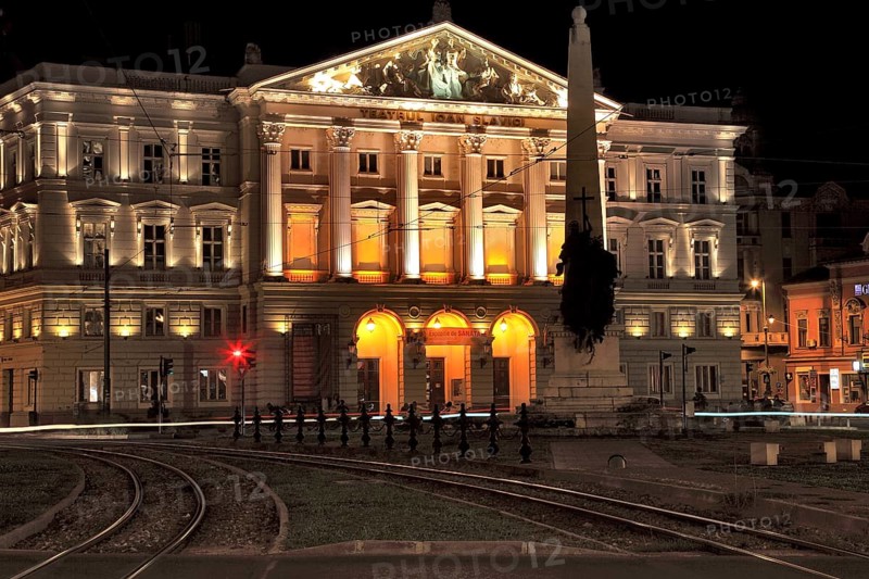Romania, Banat, city of Arad, city centre, State Theatre, Ioan Slavici Theatre at night, illuminated, Europe