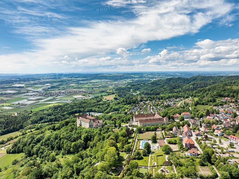 Aerial view of Heiligenberg Castle, a Renaissance-style castle complex, administrative district of Tübingen, Lake Constance, Linzgau, Baden-Württemberg, Germany, Europe