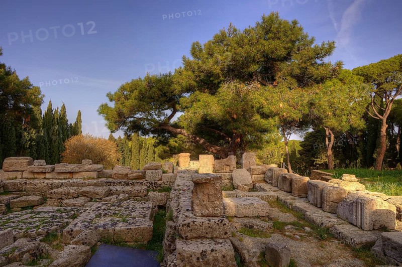 HDR Photo, Remains of Athena Polias Temple, Ancient ruins of stone, surrounded by trees, under blue sky during the day, Filerimos, hill not far from Rhodes town, Ancient State of Ialyssos, Rhodes, Dodecanese, Greek Islands, Greece, Europe