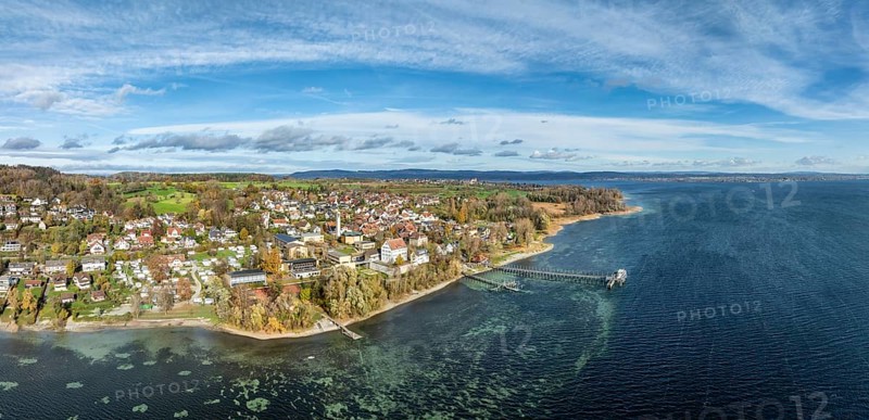 Aerial view, panorama of the municipality of Gaienhofen on the south side of the Höri peninsula with the marina, jetty and Gaienhofen Castle, today school campus and grammar school, Lake Constance, Constance district, Baden-Württemberg, Germany, Europe
