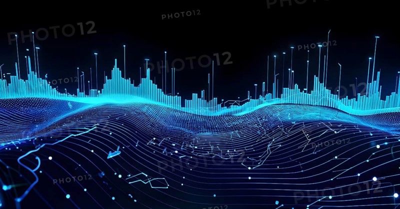 Abstract illustration of digital wave forms and circuits converging to form abstract symbols of various sports, then dispersing into flowing particles, AI generated