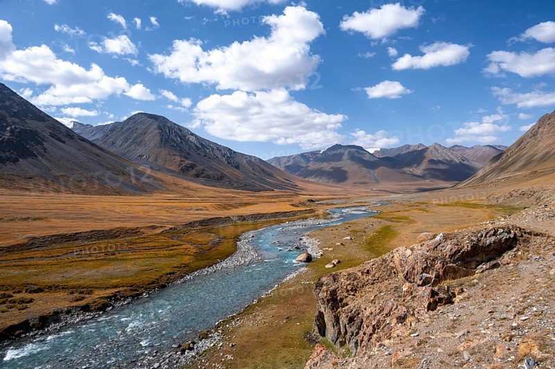Burkhan valley with blue river, mountain landscape with golden meadows, Terskey Ala-Too, Tien Shan, Issyk Kul province, Kyrgyzstan, Asia
