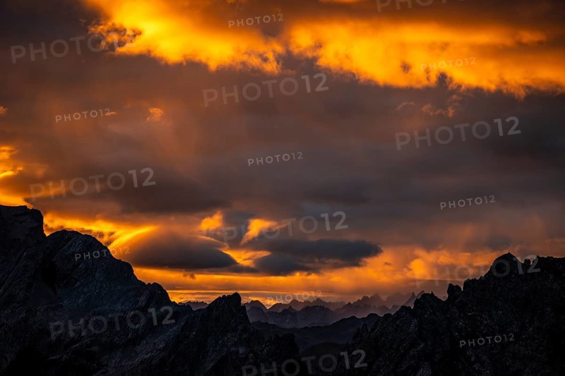 Montafon mountains with dramatic cloudy sky at sunrise, Tschagguns, Rätikon, Montafon, Vorarlberg, Austria, Europe