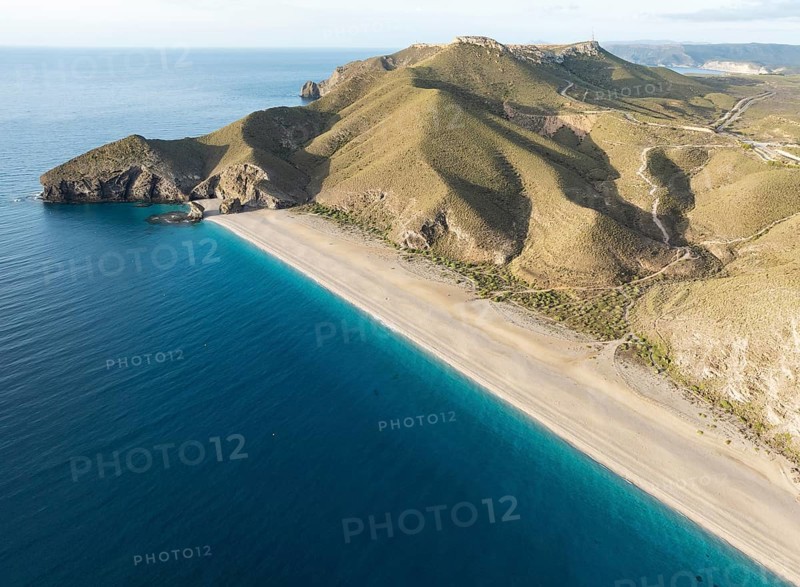 The Playa de los Muertos (beach of the dead) . Aerial view. Drone shot. Nature Reserve Cabo de Gata-Nijar, Almería province, Andalusia, Spain, Europe