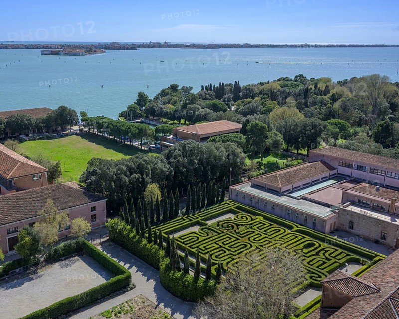 View from the tower of the Church of San Giorgio Maggiore to the Labyrinth Garden, Venice, Metropolitan City of Venice, Italy, Europe