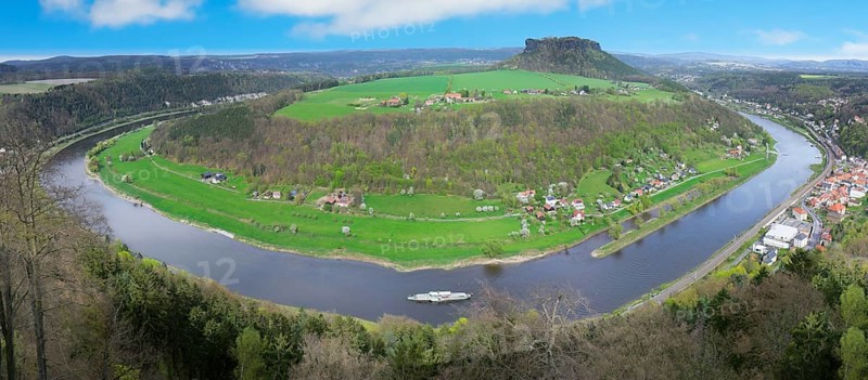 Panoramic view over the Elbe River meander from the Konigstein fortress on top of the Elbe sandstone mountains, Konigstein, Saxony, Germany, Europe