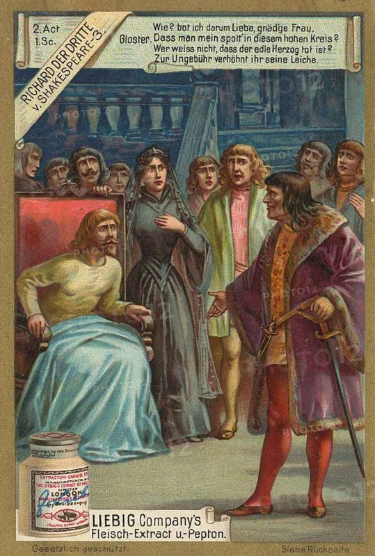 Picture series Richard the Third by Shakespeare, Liebig picture, digitally restored reproduction of a collector's picture from ca 1900, public domain, exact date unknown, scene with a seated man on a throne surrounded by discussing characters