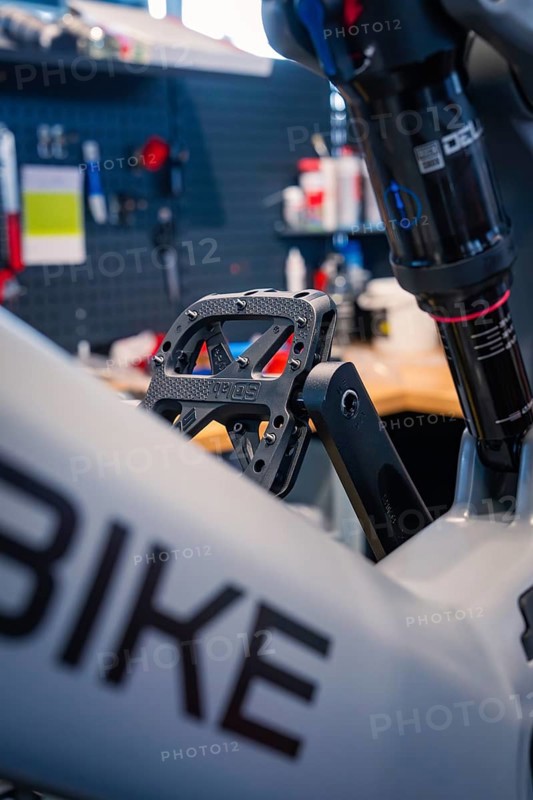 Close-up of a bicycle pedal and frame in a modern workshop, Waldbike Manufaktur, bicycle workshop, Calw, district of Calw, Black Forest, Germany, Europe
