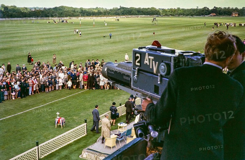 ATV television ITV company outside broadcast camera and cameraman at polo ground sporting event, UK 1960s thought to be Smith's Lawn, Windsor Great Park