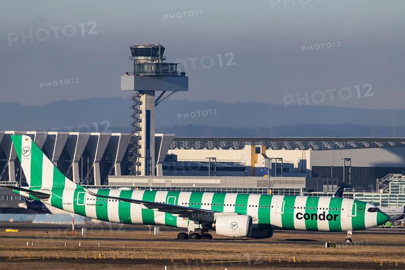 Aircraft of the holiday airline Condor in front of Tower and Hagar. Aircraft registration number: D-ANRK, Airbus A330, Condor. Fraport Airport, Frankfurt am Main, Hesse, Germany, Europe