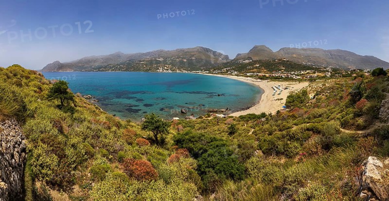 View from the Sarella peninsula to the bay and beach of Plakias, south coast, Crete, Greece, Europe
