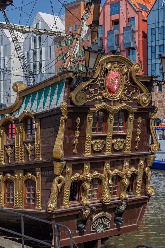 Mottlau pier in Gdansk with the Galeon Lew, a replica of an historic corsair