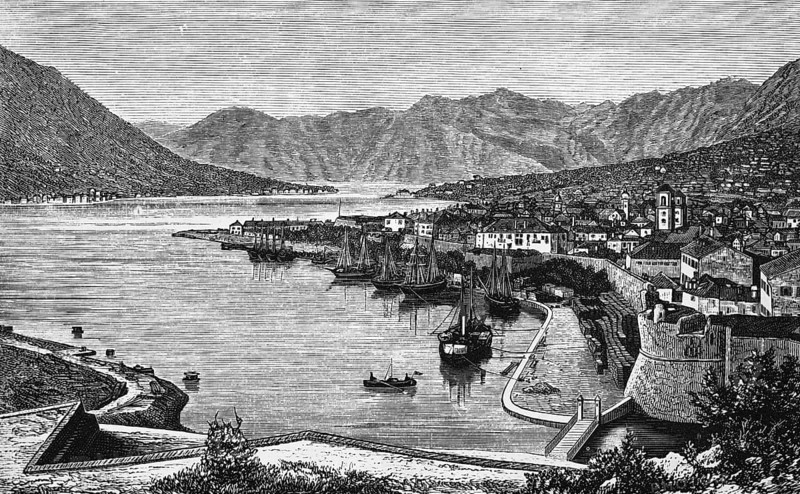 Old town of Kotor or Cattaro in the Bay of Kotor, city wall with round tower, mountain landscape, harbour with two masts, geography, Montenegro, historical illustration 1888, Europe