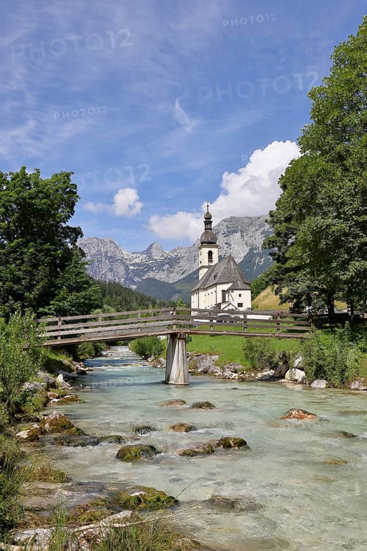 Parish church of St Sebastian with Ramsauer Ache, Reiteralpe in the background, Ramsau, Berchtesgaden, Berchtesgadener Land, Upper Bavaria, Bavaria, Germany, Europe