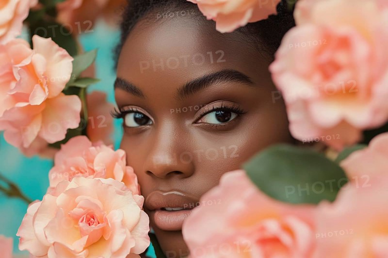Face of young beautiful black woman surrounded by peach colored rose flowers. Generative Ai, AI generated