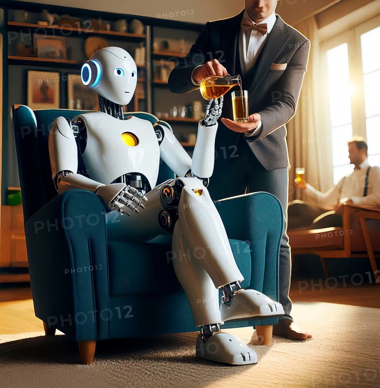 A humanoid robot sits in an armchair and is served by a human butler who pours a glass of oil, symbolic image cybernetics, technology, role reversal, science fiction, machine being, robot figure, serve, operation, AI generated, AI generated