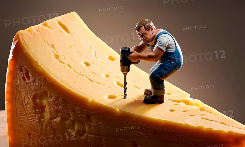 A little man drills holes in Swiss cheese with a pneumatic drill, symbolic image hard cheese, food, milk product, dairy product, food, Emmentaler, refinement, AI generated, AI generated