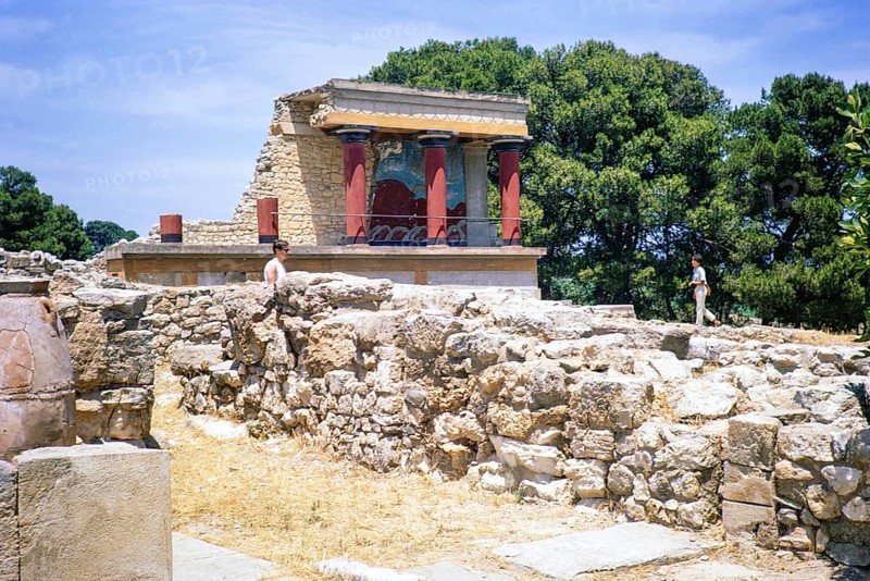Tourists visiting Bronze Age Minoan archaeological site of Knossos, Crete, Greece, Europe 1968, Europe
