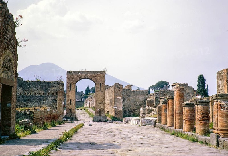 Roman ruins Archaeological Park of Pompeii, Naples, Italy, Europe 1967 with Mount Vesuvius volcano in background, Europe