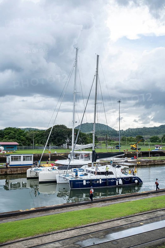 Private boats in lock, Miraflores locks, Panama Canal, Panama City, Panama, Central America