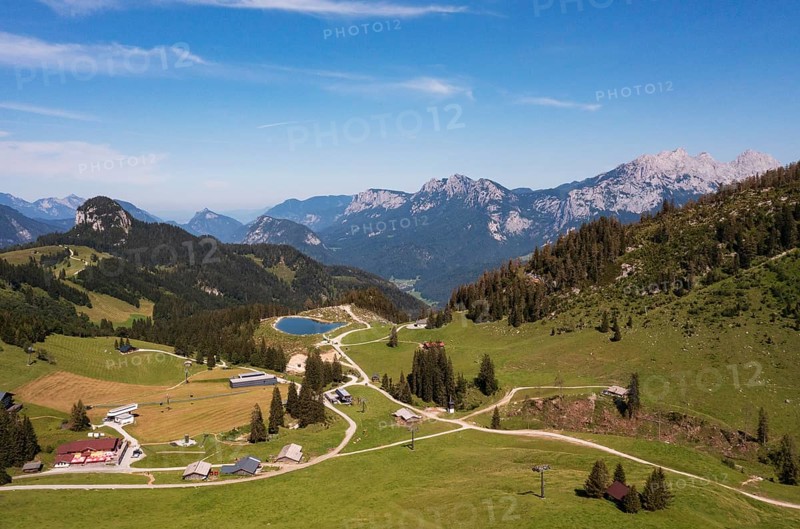 Drone shot, Hochalm, Loferer Alm with view to the Reiteralpe, Lofer, Pinzgau, Land Salzburg, Austria, Europe