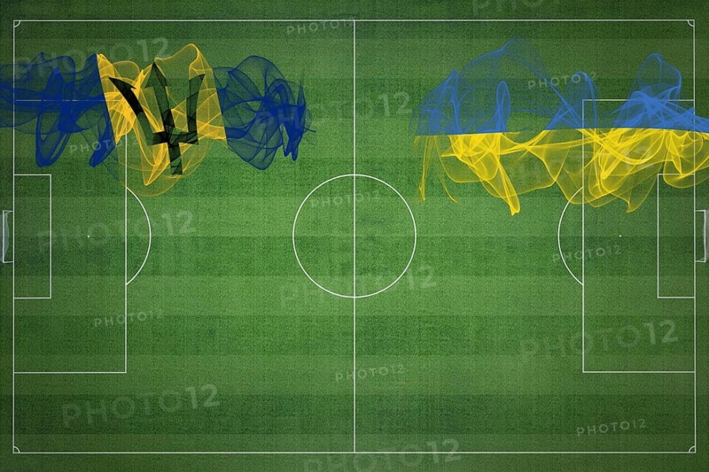 Barbados vs Ukraine Soccer Match, national colors, national flags, soccer field, football game, Competition concept, Copy space