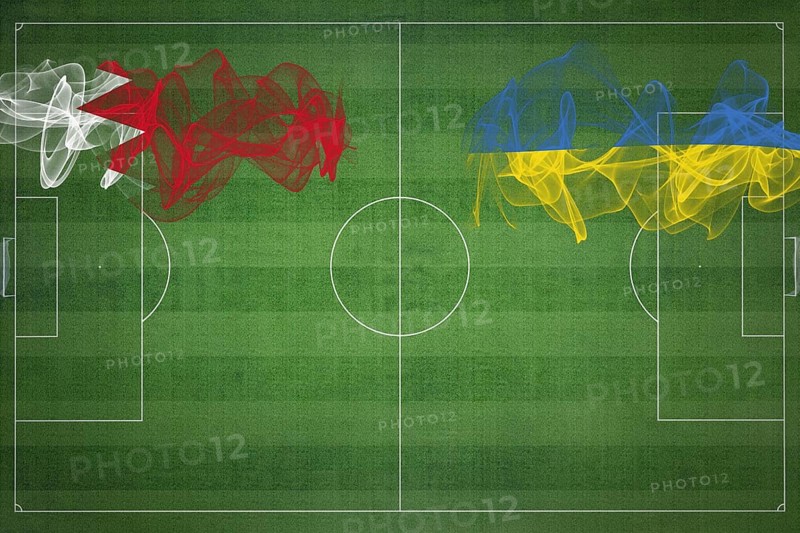 Bahrain vs Ukraine Soccer Match, national colors, national flags, soccer field, football game, Competition concept, Copy space