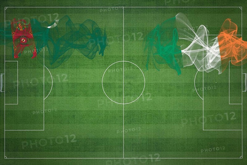 Turkmenistan vs Ireland Soccer Match, national colors, national flags, soccer field, football game, Competition concept, Copy space