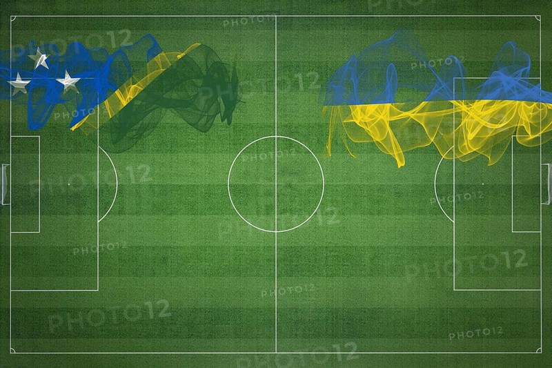 Solomon Islands vs Ukraine Soccer Match, national colors, national flags, soccer field, football game, Competition concept, Copy space