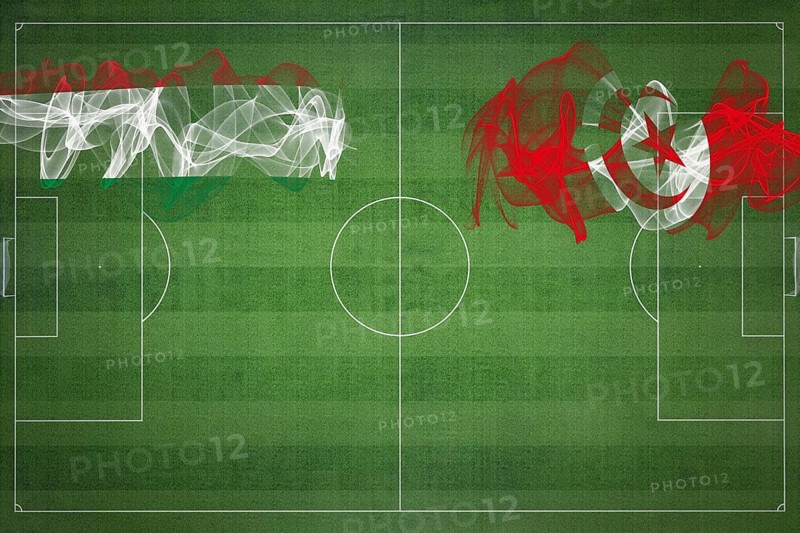 Hungary vs Tunisia Soccer Match, national colors, national flags, soccer field, football game, Competition concept, Copy space