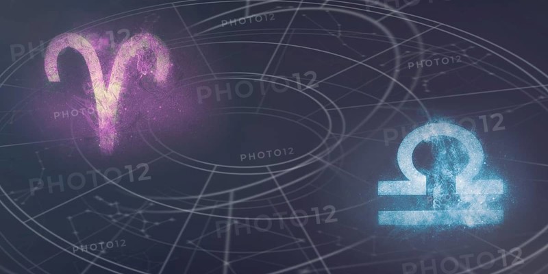 Aries and Libra horoscope signs compatibility. Night sky Abstract background