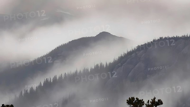 Foggy mountain landscape at sunset. Nature, AI generated