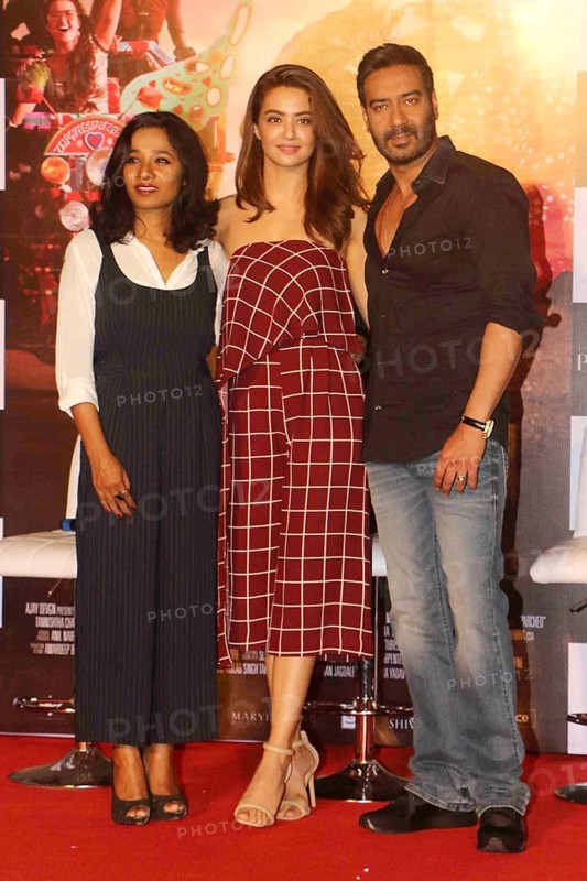 Bollywood actors Tannishtha Chatterjee, Surveen Chawla and Ajay Devgan during the press conference of film Parched in Mumbai
