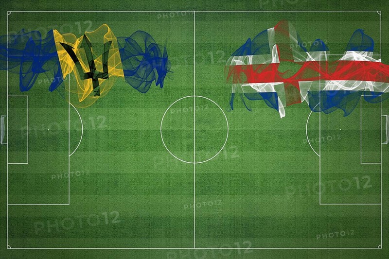 Barbados vs Iceland Soccer Match, national colors, national flags, soccer field, football game, Competition concept, Copy space