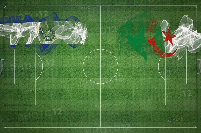 El Salvador vs Algeria Soccer Match, national colors, national flags, soccer field, football game, Competition concept, Copy space