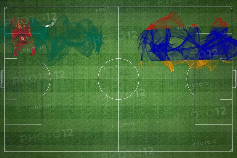 Turkmenistan vs Armenia Soccer Match, national colors, national flags, soccer field, football game, Competition concept, Copy space