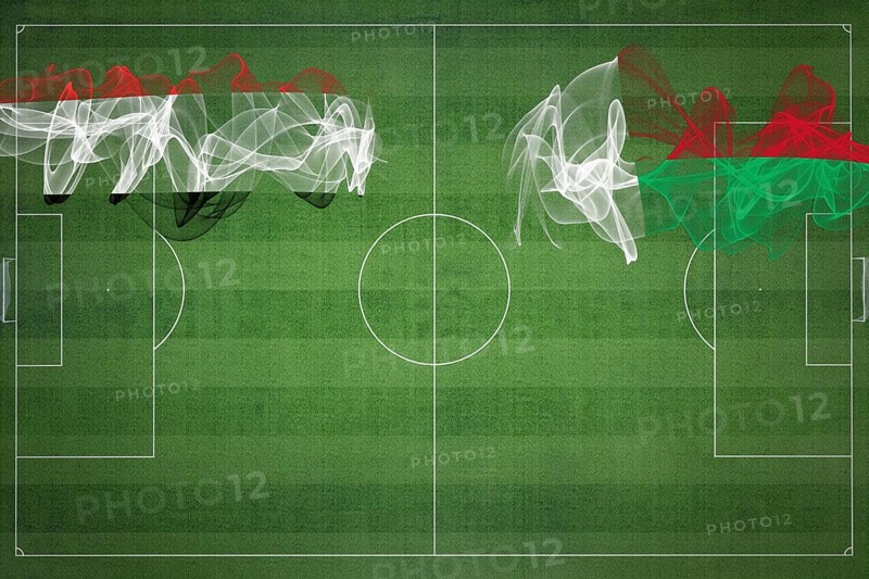 Yemen vs Madagascar Soccer Match, national colors, national flags, soccer field, football game, Competition concept, Copy space