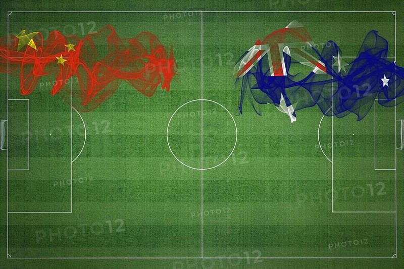 China vs Australia Soccer Match, national colors, national flags, soccer field, football game, Competition concept, Copy space