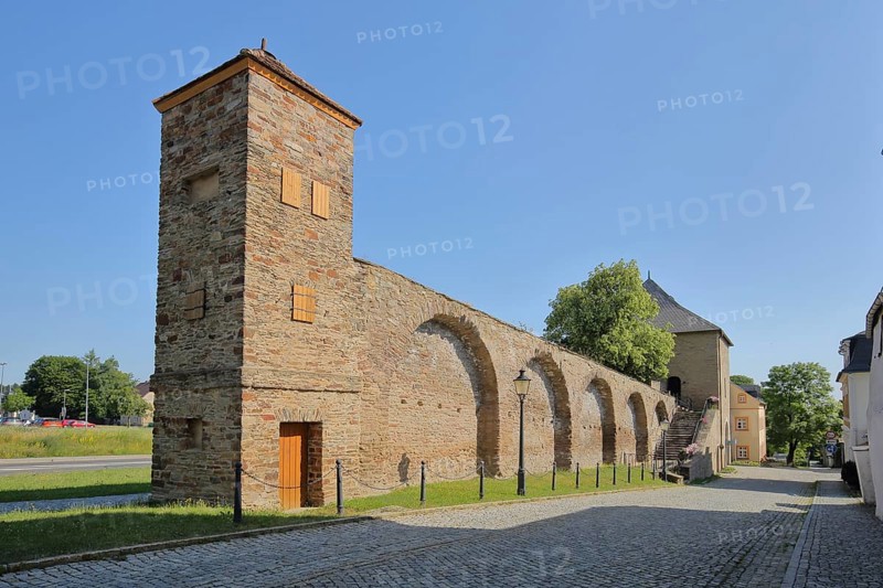 Historic town fortification with fortified defence tower and Zschopau Gate, Marienberg, Erzgebirge, Saxony, Germany, Europe