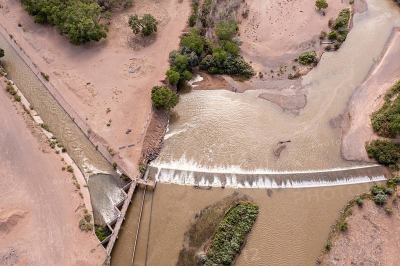 Algodones, New Mexico, The Angostura Diversion dam sends water from the Rio Grande into irrigation canals (left) . Much of the state is experiencing extreme drought, and farmers are not getting all the water they need to grow their crops in the desert