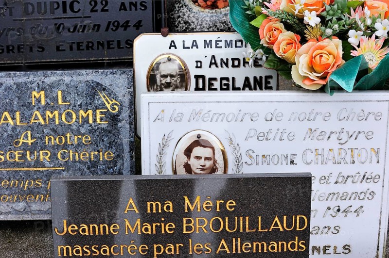 Graves of the murdered inhabitants in the cemetery. The burnt village of Oradour-sur-Glane was destroyed on 10 June 1944 when 642 of its inhabitants, including woman and children, were massacred by a German Waffen SS company, Limousin, Frank