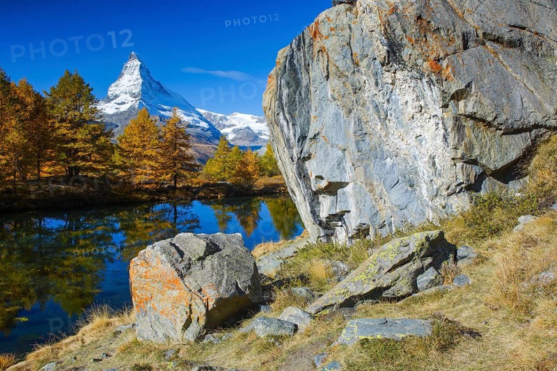 Matterhorn and Lake Grindji, Valais, Switzerland, Europe